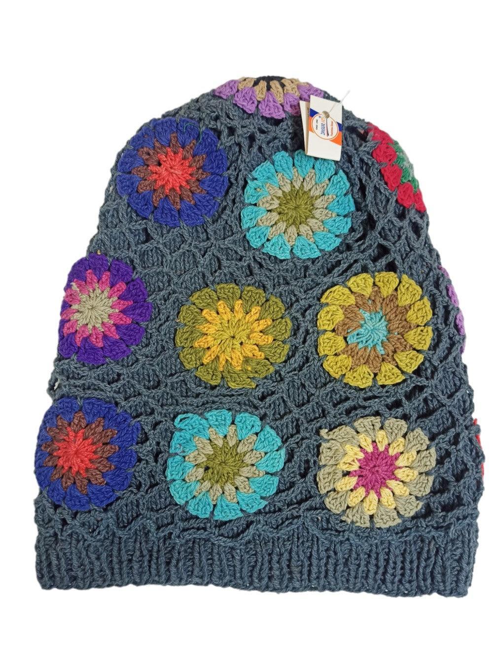 Handmade crochet woolen beanie hat with multicolor flower patterns on gray base, winter headwear