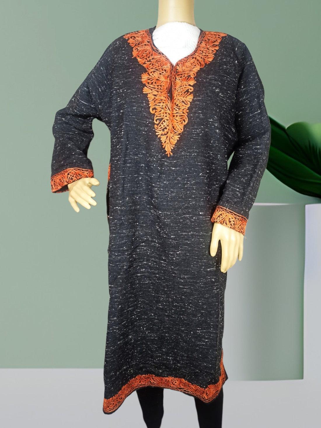 Women Yak Wool Faran | XL Natural Black | V Neck - ZANSKAR ARTS