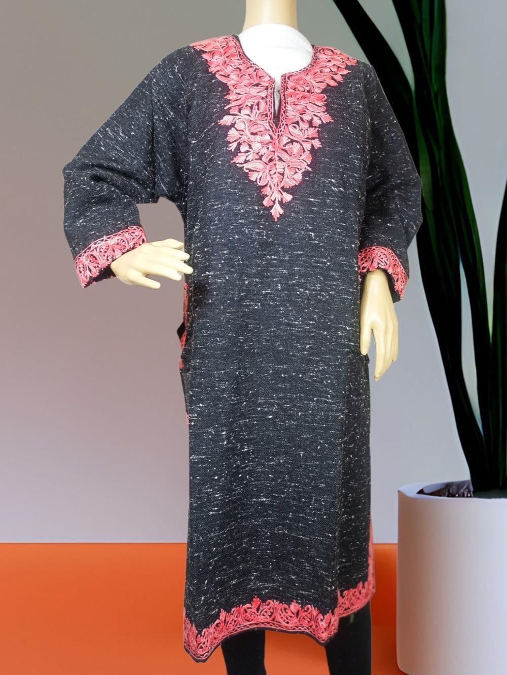 Women Yak Wool Faran | XL Natural Black | V Neck