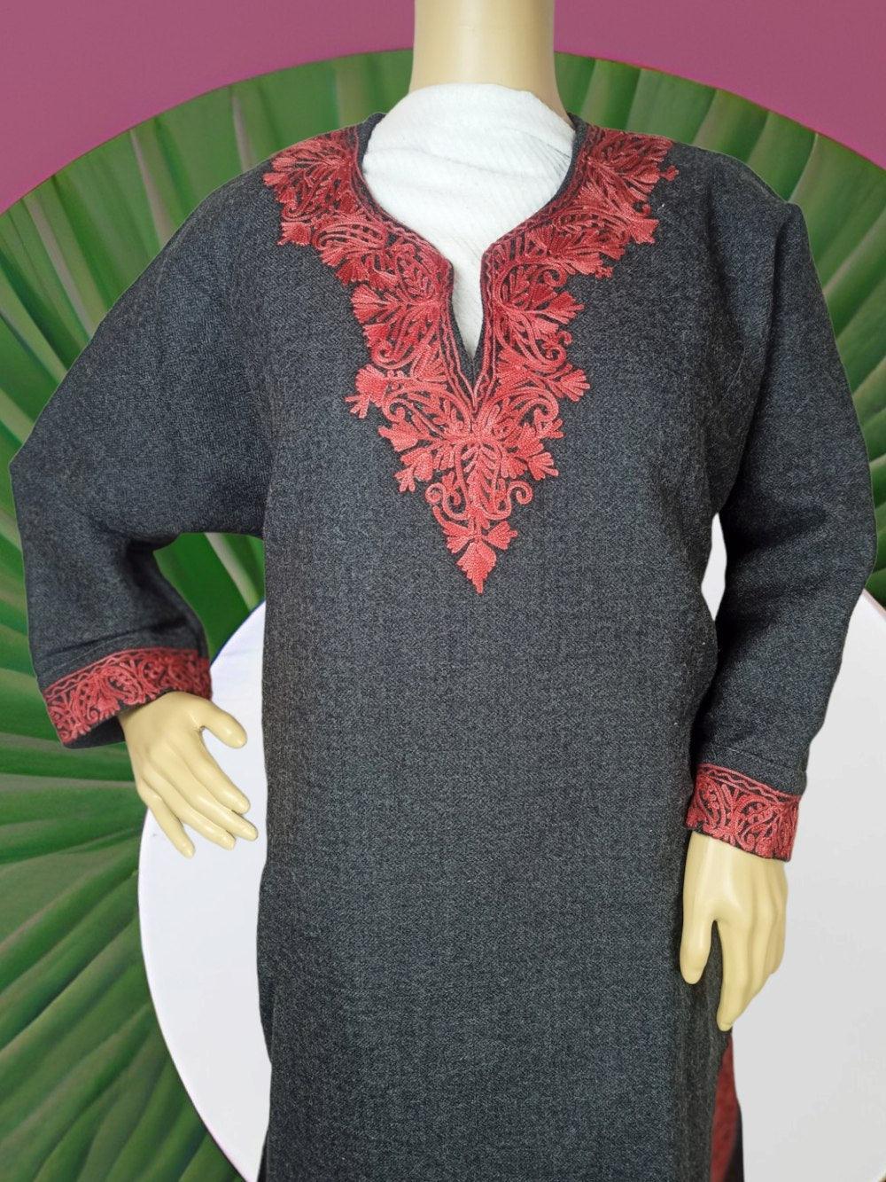 Women Yak Wool Faran | XL Dark Grey | V Neck - ZANSKAR ARTS