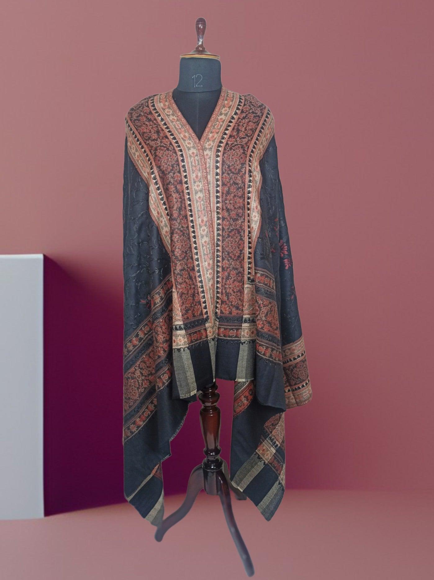 Kashmiri Wool Work Shawl | Black | Handwork - ZANSKAR ARTS