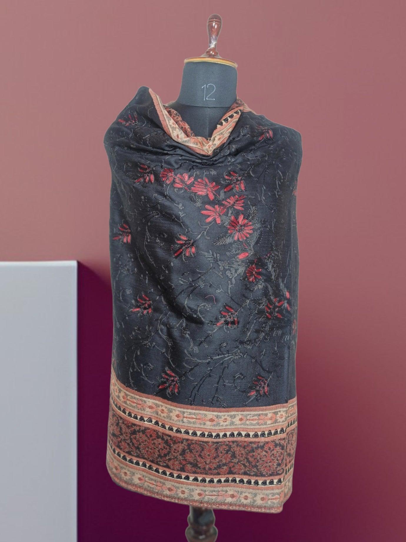 Kashmiri Wool Work Shawl | Black | Handwork - ZANSKAR ARTS