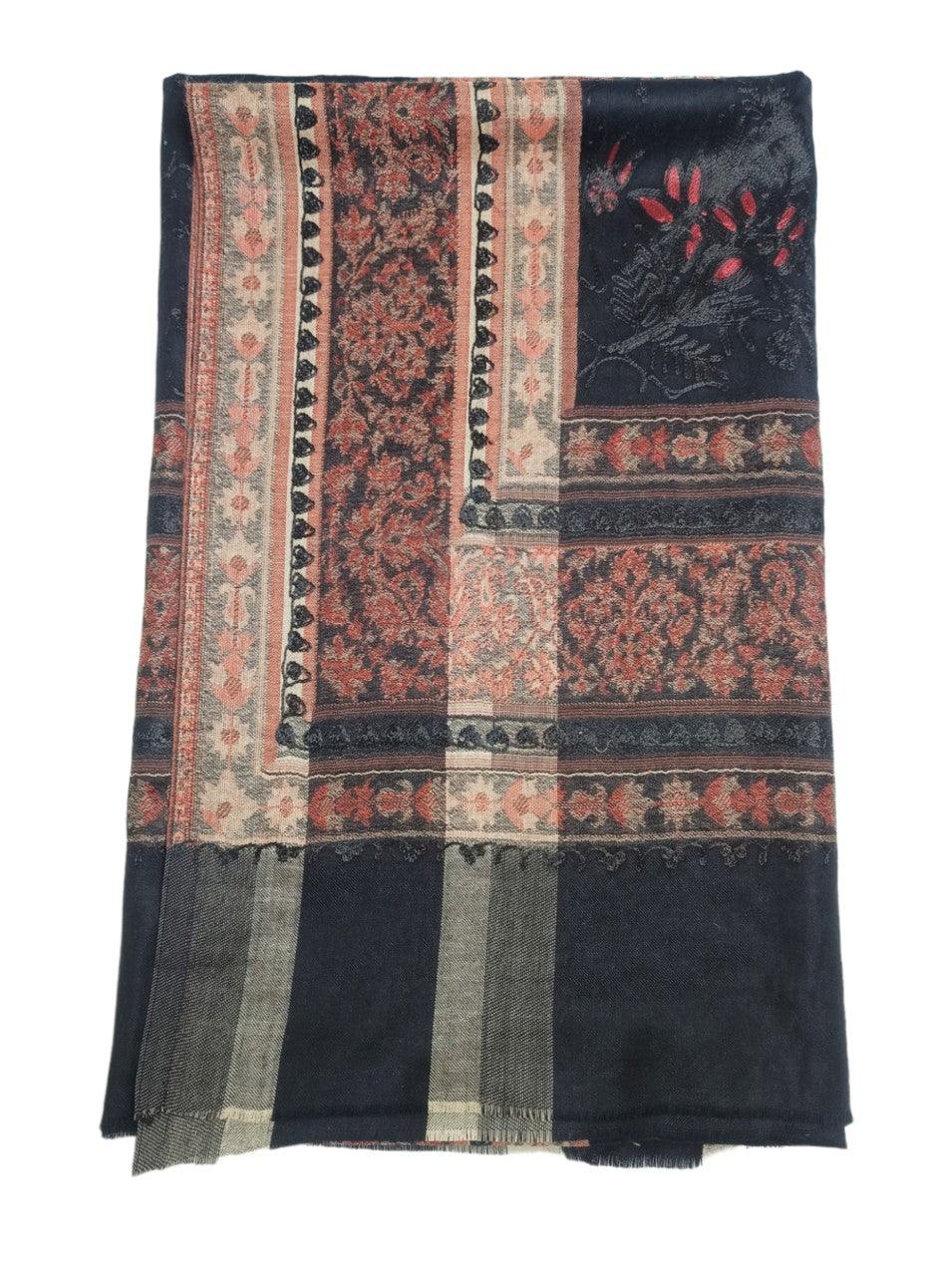 Kashmiri Wool Work Shawl | Black | Handwork - ZANSKAR ARTS