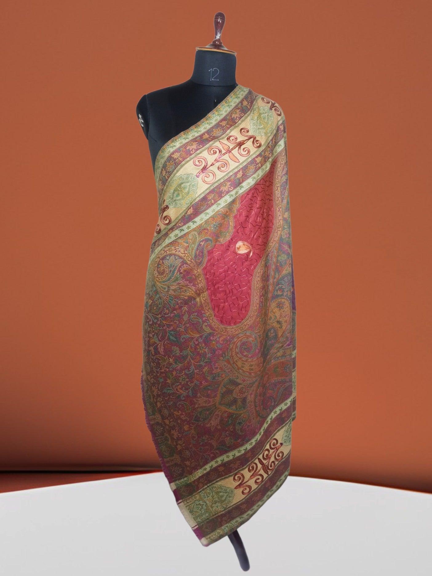 Kashmiri Wool Work Shawl | Multi-Colour | Handwork - ZANSKAR ARTS