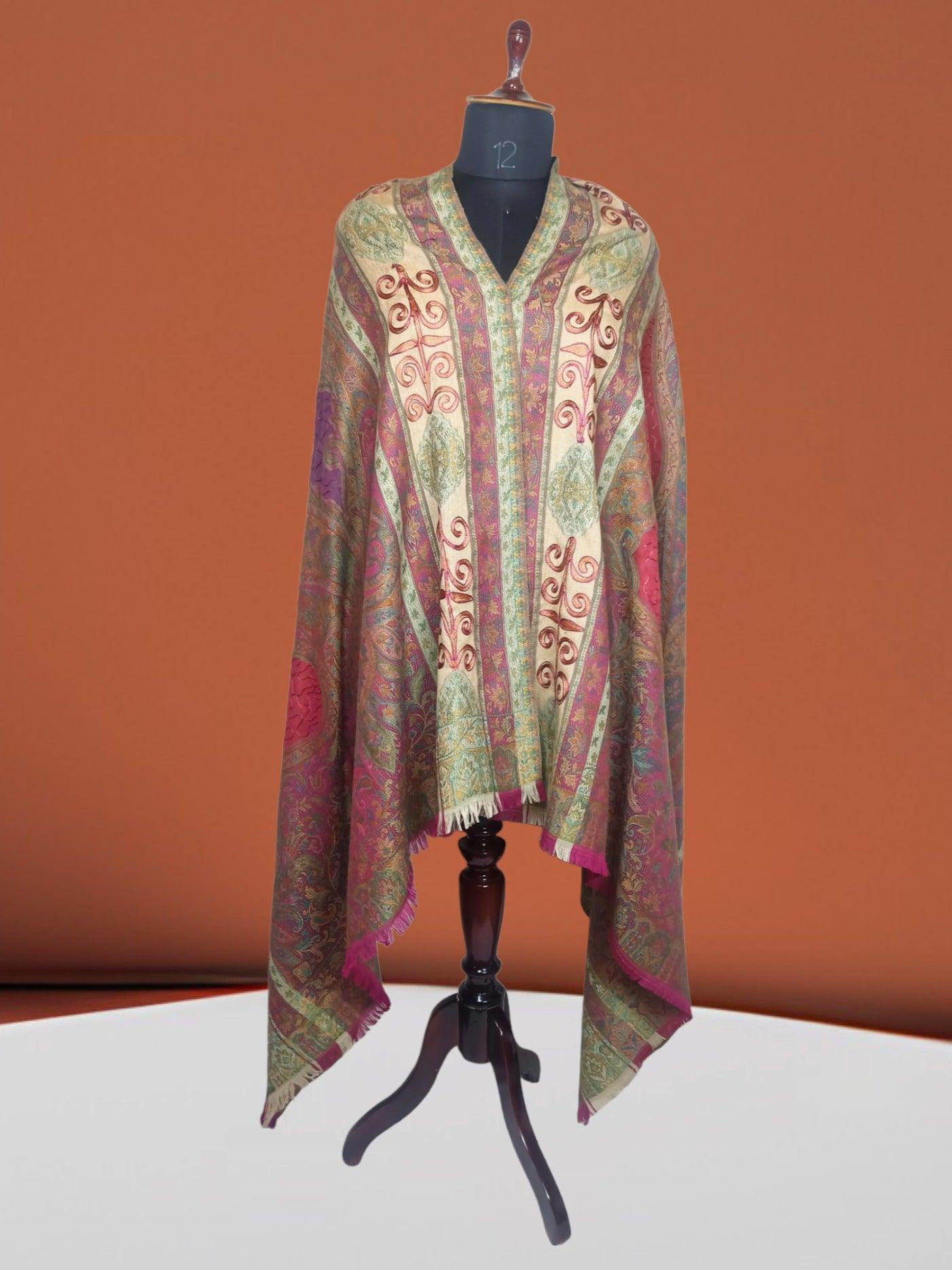 Kashmiri Wool Work Shawl | Multi-Colour | Handwork