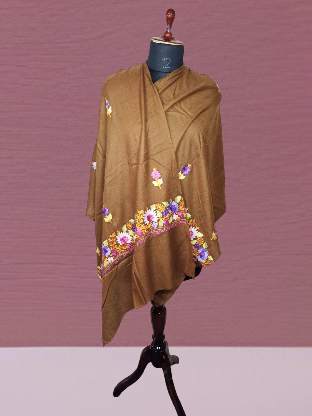 Ari Work Border Stole | Brown Colour - ZANSKAR ARTS