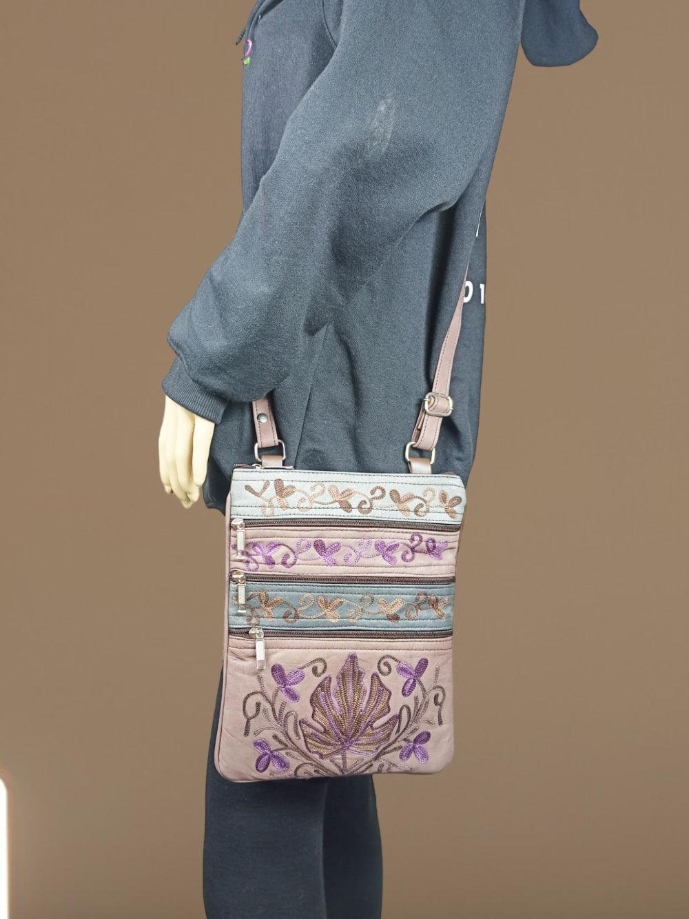 Kashmiri Embroided Sling Bag | Plain 5 Zipper | Sling Bag For Girls