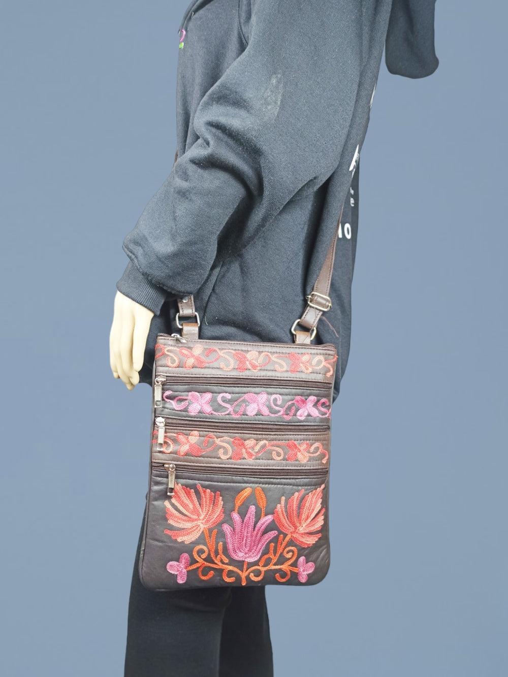 Kashmiri Embroided Sling Bag | Plain 5 Zipper | Sling Bag For Girls