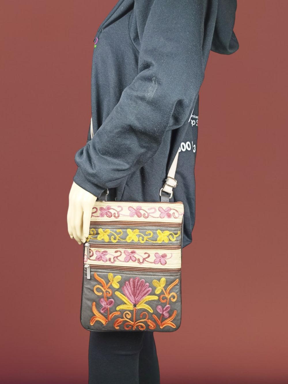 Kashmiri Embroided Sling Bag | Plain 5 Zipper | Sling Bag For Girls
