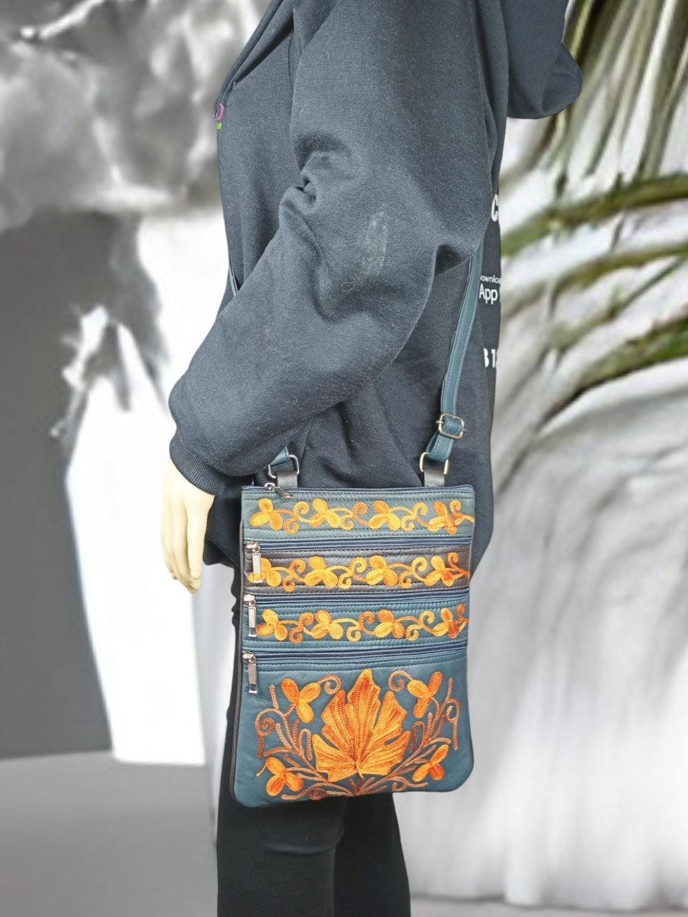 Kashmiri Embroided Sling Bag | Plain 5 Zipper | Sling Bag For Girls