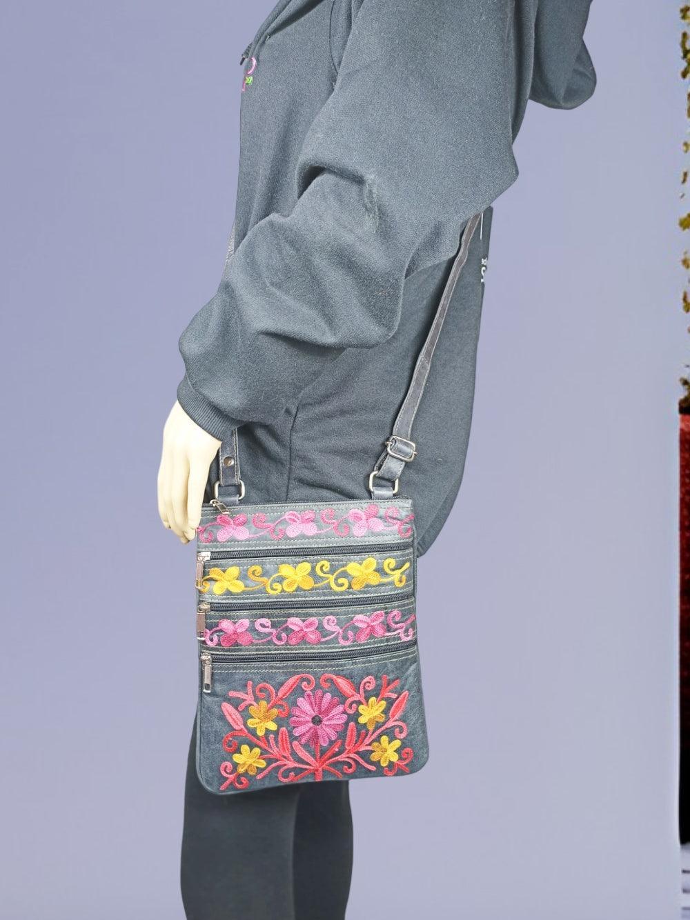 Kashmiri Embroided Sling Bag | Plain 5 Zipper | Sling Bag For Girls