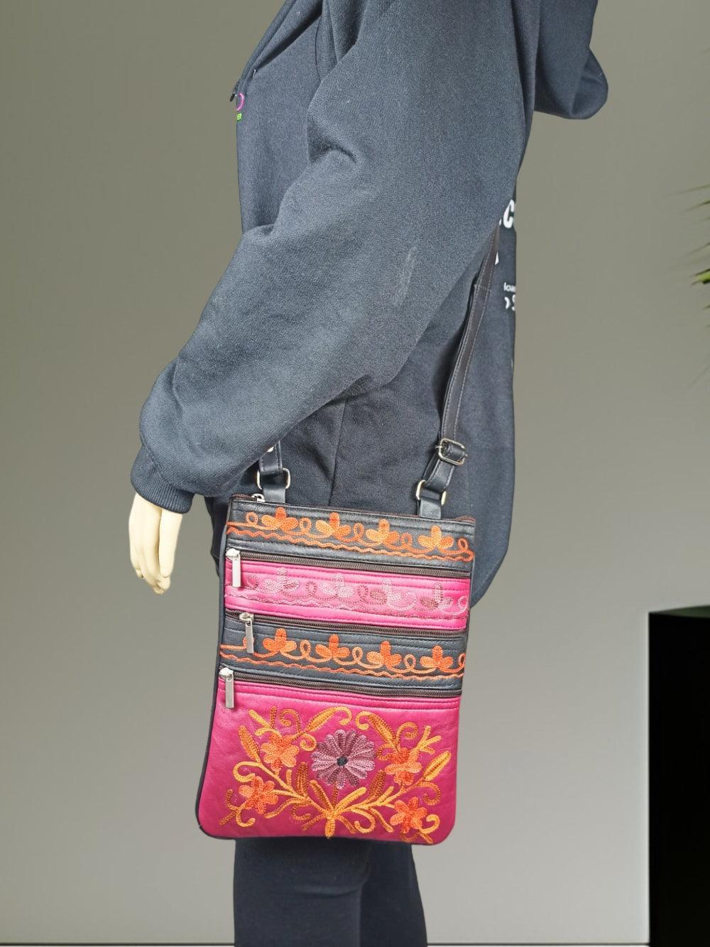 Kashmiri Embroided Sling Bag | Plain 5 Zipper | Sling Bag For Girls