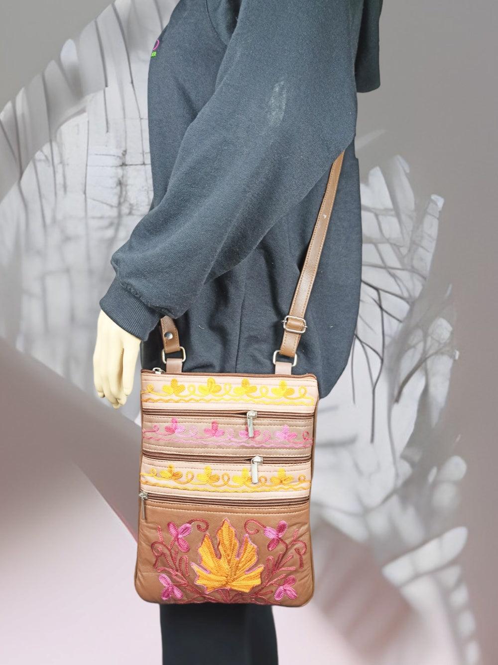 Kashmiri Embroided Sling Bag | Plain 5 Zipper | Sling Bag For Girls