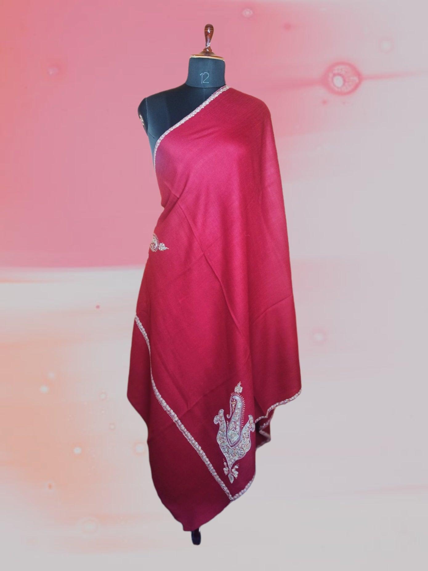 Fine Wool Shawl | Needle Work Shawl | Maaroon - ZANSKAR ARTS
