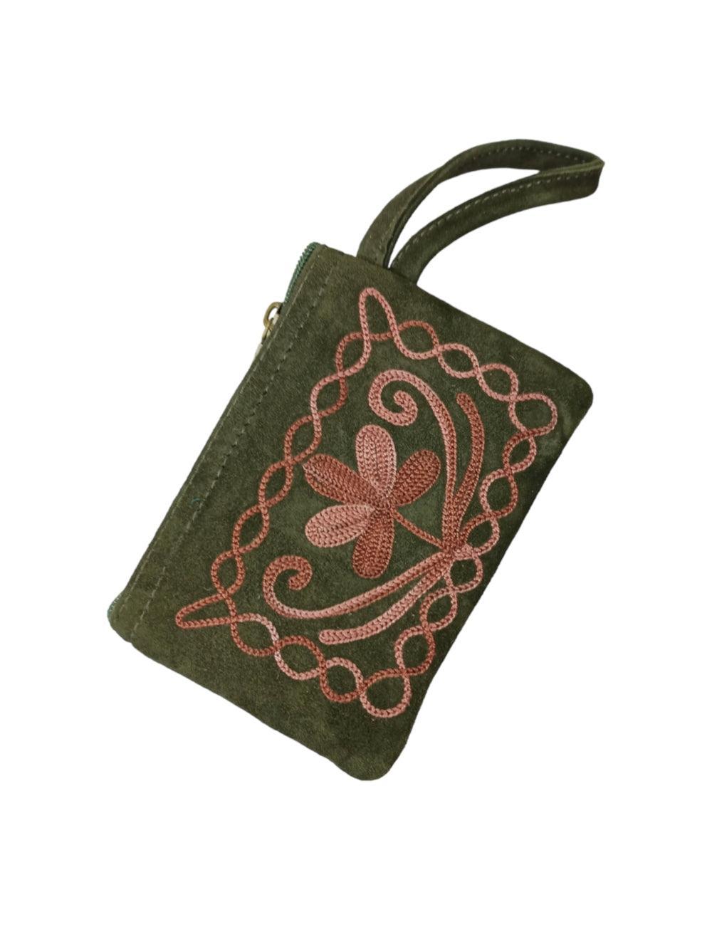 Suede Leather Purse Single Zip | Aari Hand Purch | 4"Zip Purse - ZANSKAR ARTS