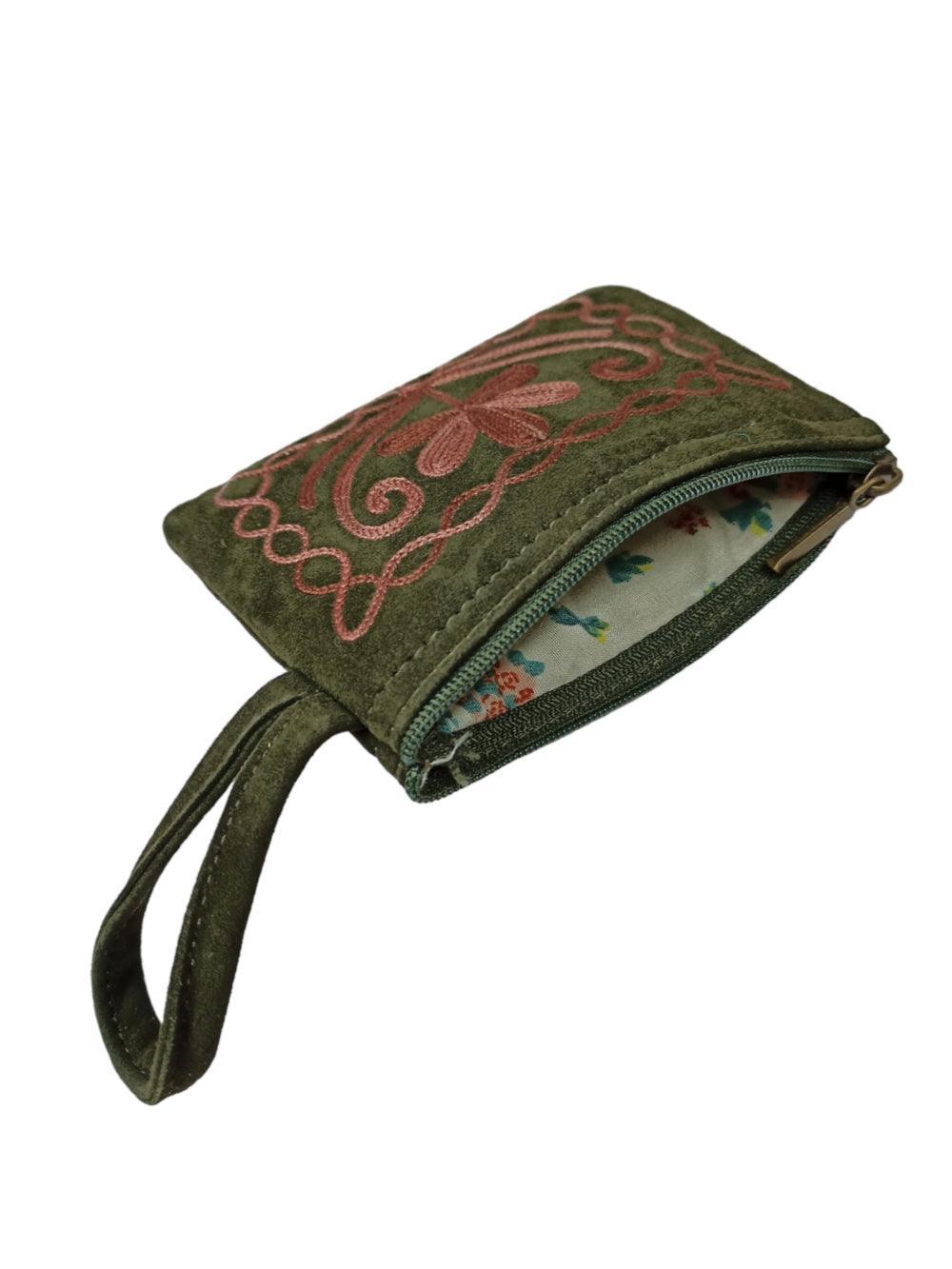 Suede Leather Purse Single Zip | Aari Hand Purch | 4"Zip Purse - ZANSKAR ARTS