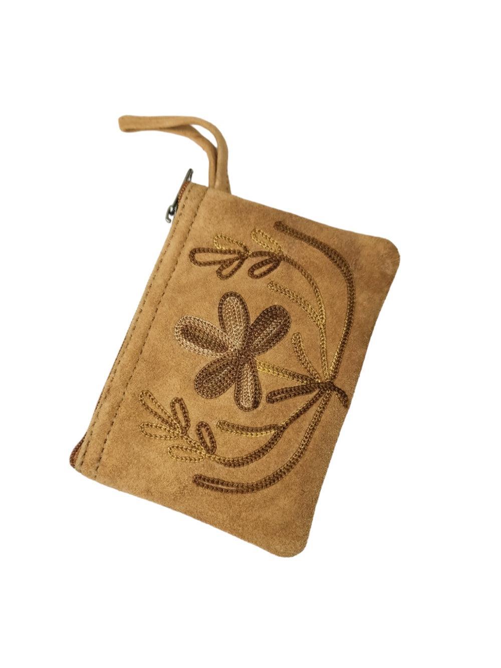 Suede Leather Purse Single Zip | Aari Hand Purch | 4"Zip Purse - ZANSKAR ARTS