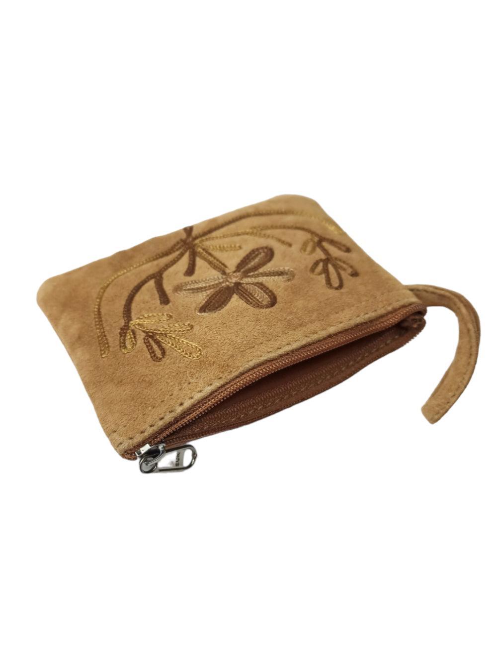 Suede Leather Purse Single Zip | Aari Hand Purch | 4"Zip Purse - ZANSKAR ARTS