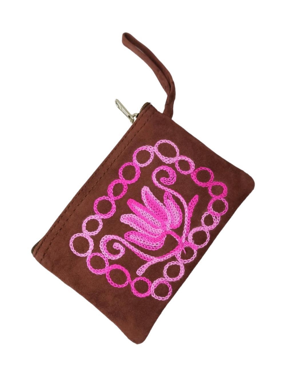 Suede Leather Purse Single Zip | Aari Hand Purch | 4"Zip Purse - ZANSKAR ARTS