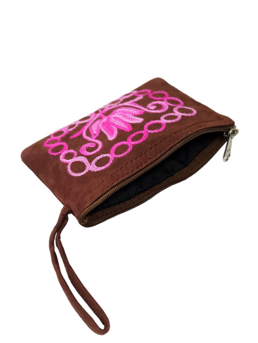 Suede Leather Purse Single Zip | Aari Hand Purch | 4"Zip Purse - ZANSKAR ARTS