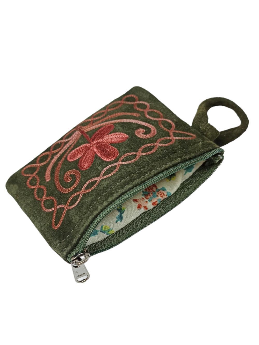 Suede Leather Purse Single Zip | Aari Hand Purch | 4"Zip Purse - ZANSKAR ARTS