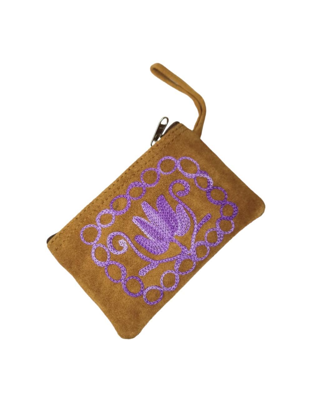 Suede Leather Purse Single Zip | Aari Hand Purch | 4"Zip Purse - ZANSKAR ARTS