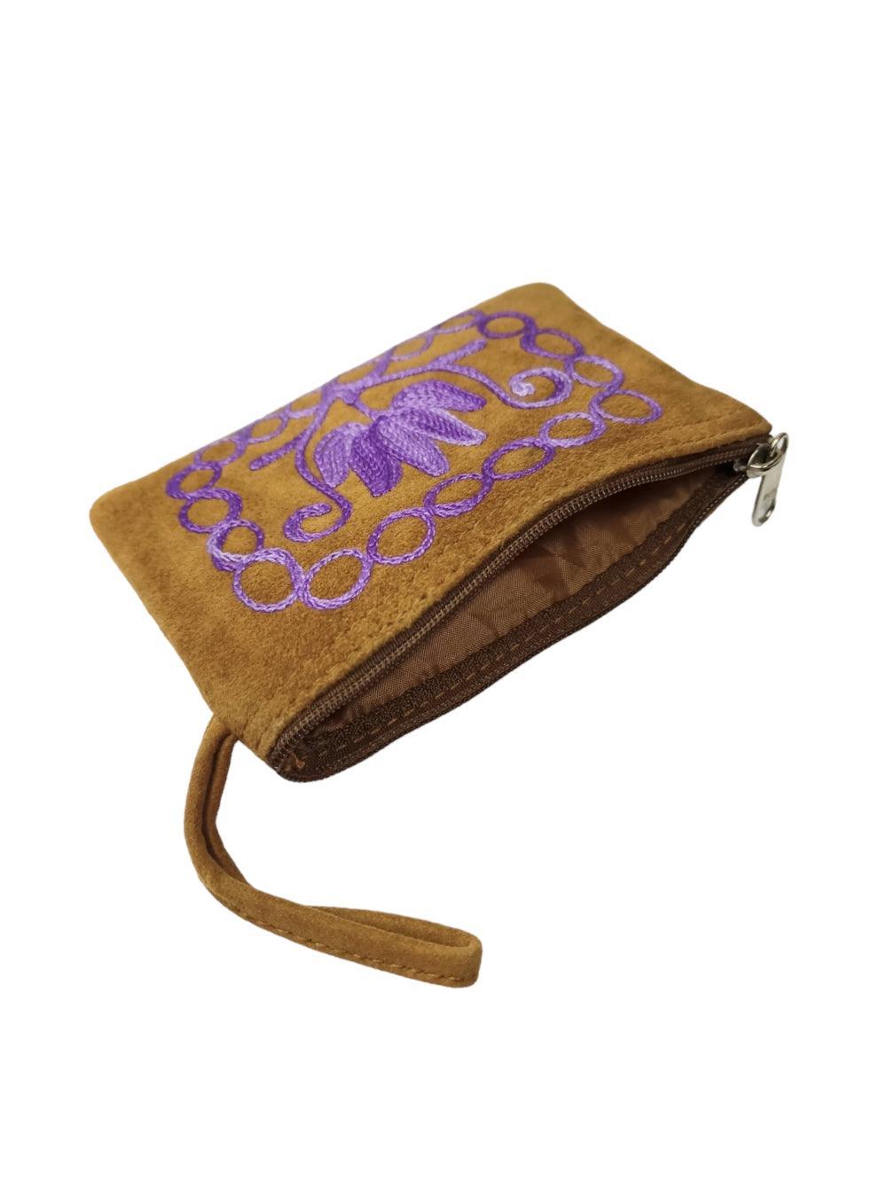 Suede Leather Purse Single Zip | Aari Hand Purch | 4"Zip Purse - ZANSKAR ARTS