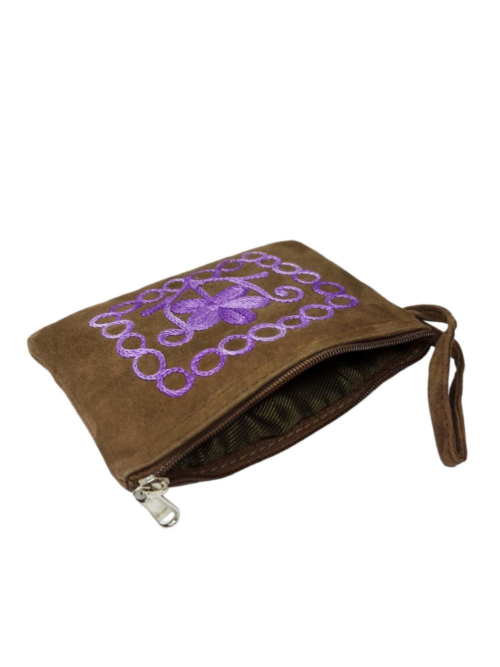 Suede Leather Purse Single Zip | Aari Hand Purch | 4"Zip Purse - ZANSKAR ARTS