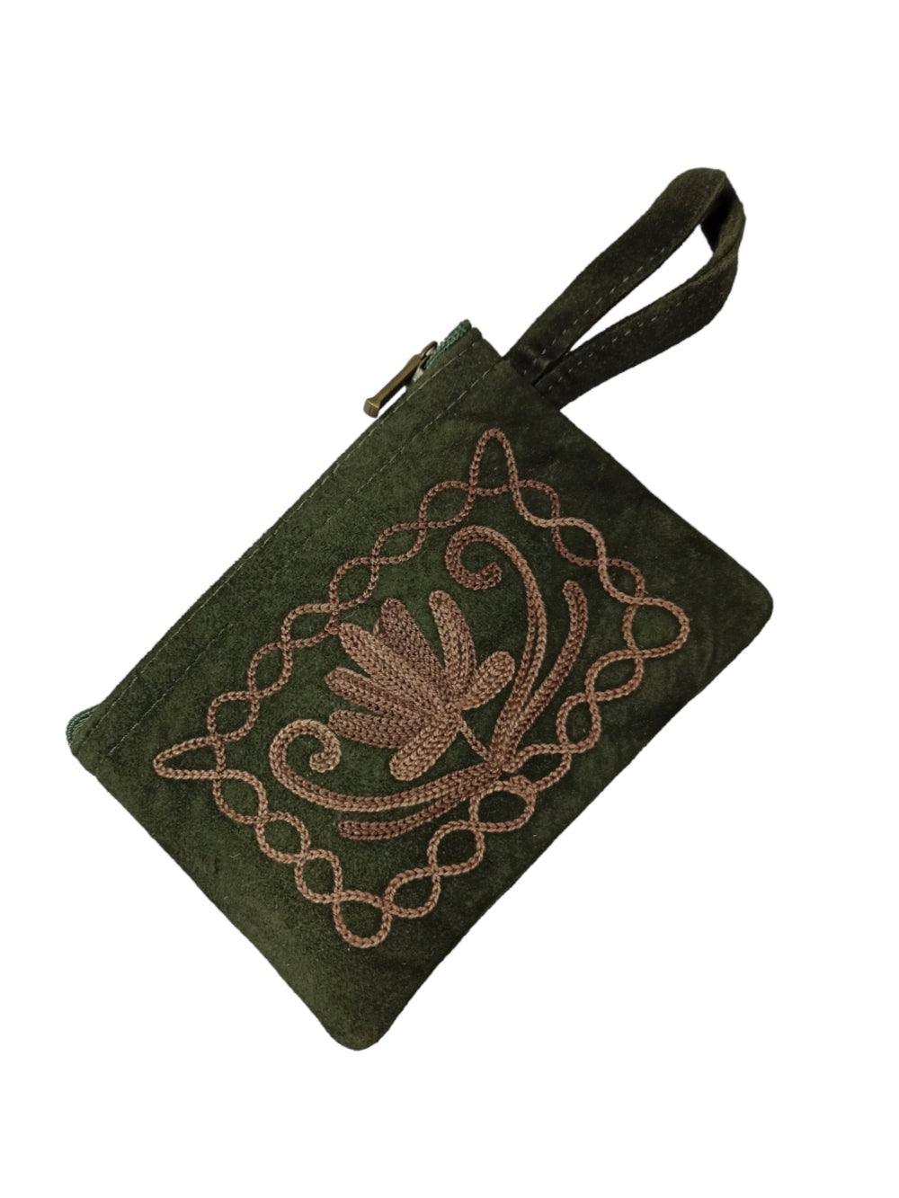 Suede Leather Purse Single Zip | Aari Hand Purch | 4"Zip Purse - ZANSKAR ARTS