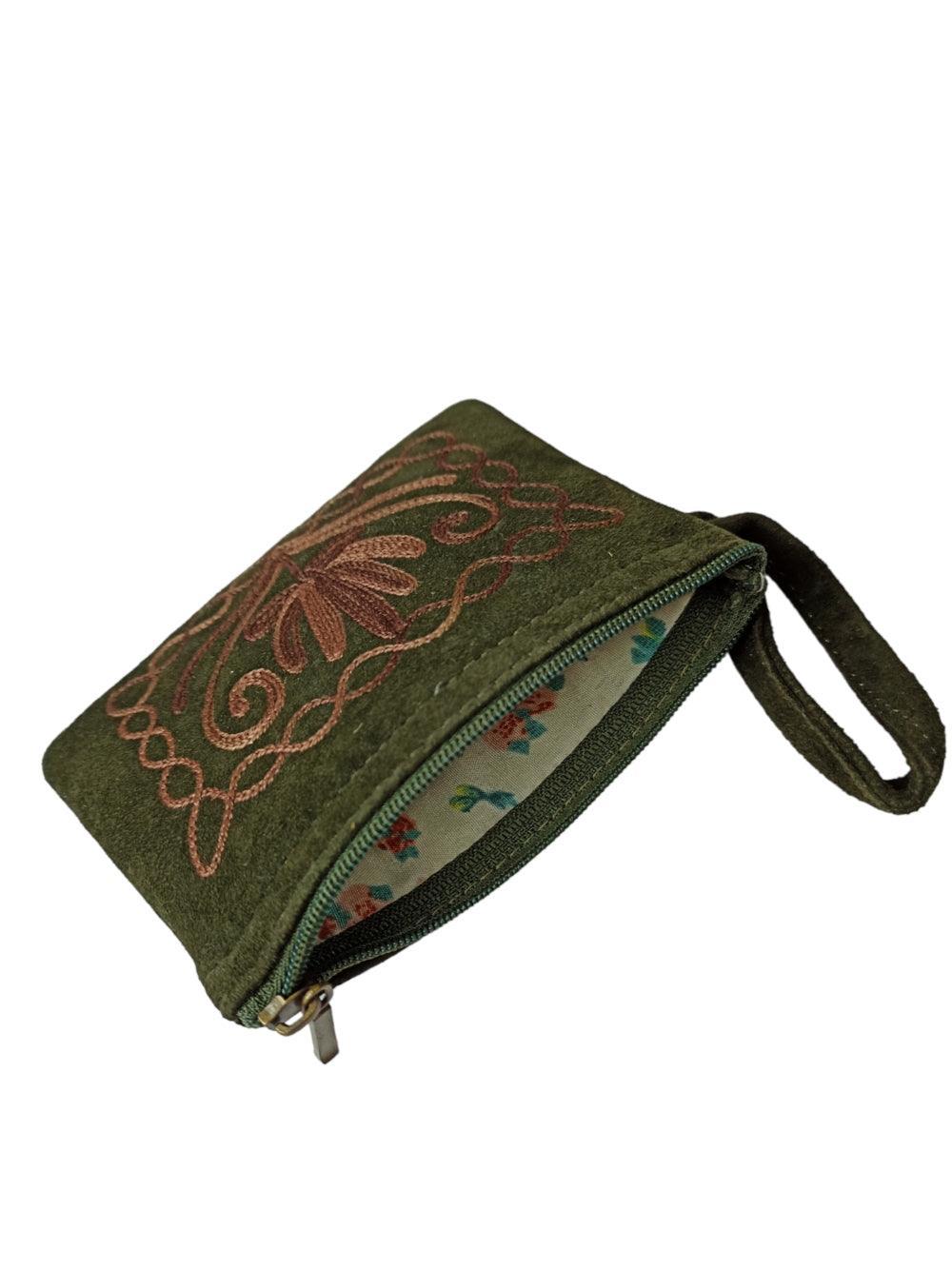 Suede Leather Purse Single Zip | Aari Hand Purch | 4"Zip Purse - ZANSKAR ARTS