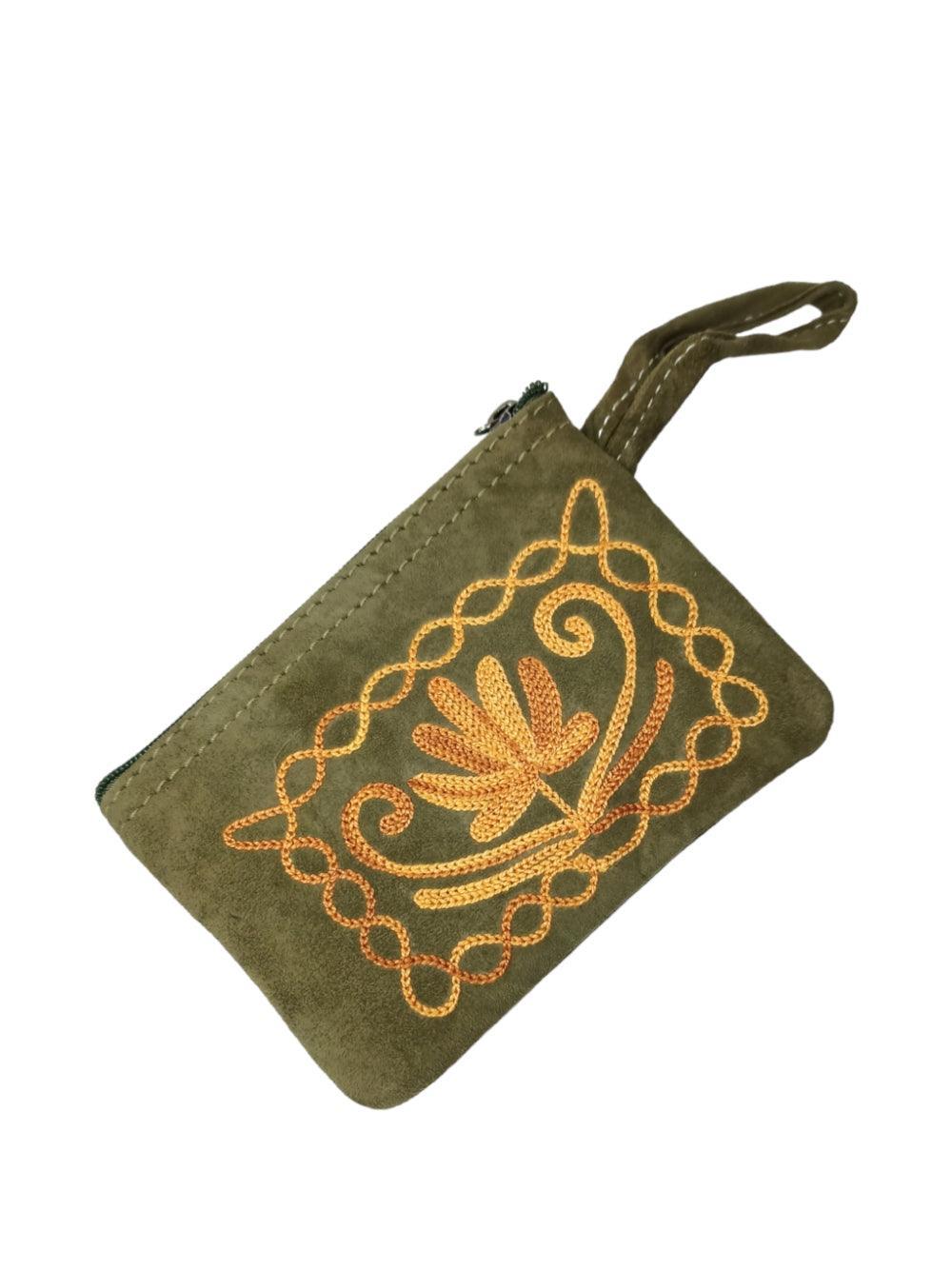 Suede Leather Purse Single Zip | Aari Hand Purch | 4"Zip Purse - ZANSKAR ARTS