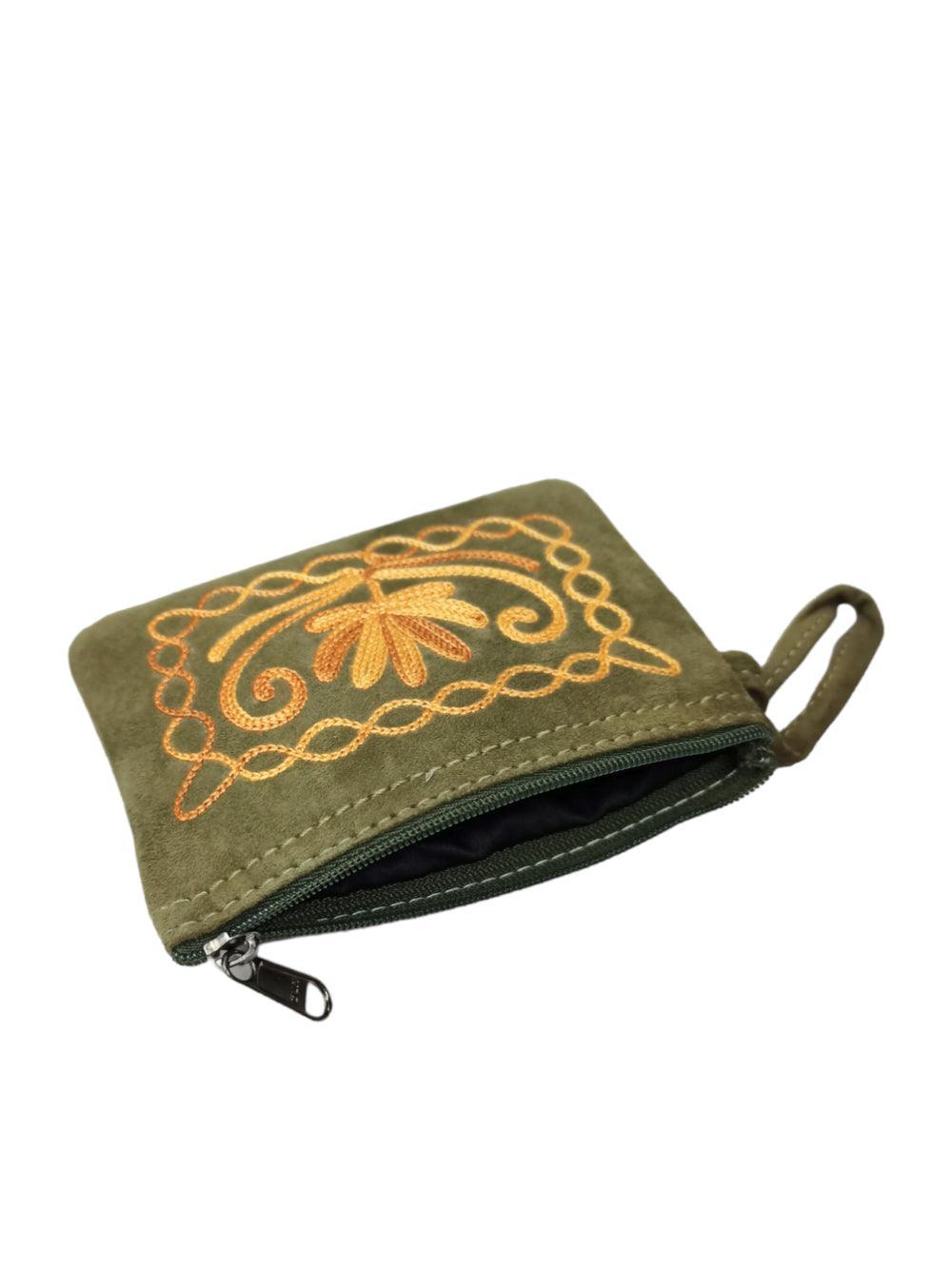 Suede Leather Purse Single Zip | Aari Hand Purch | 4"Zip Purse - ZANSKAR ARTS