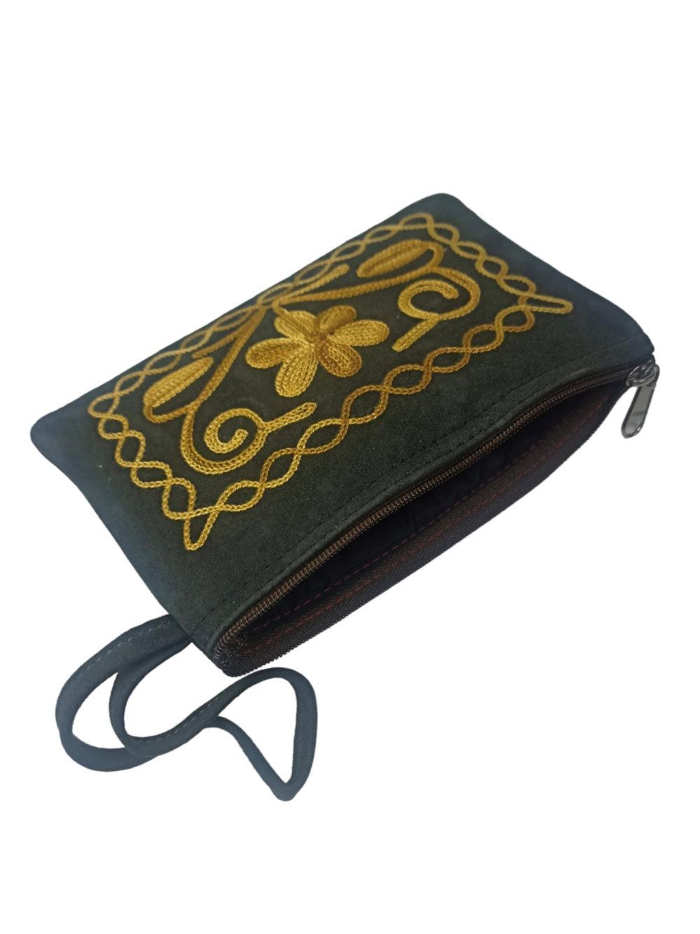 Suede Leather Purse Single Zip | Aari Hand Purch | 6"Zip Purse - ZANSKAR ARTS