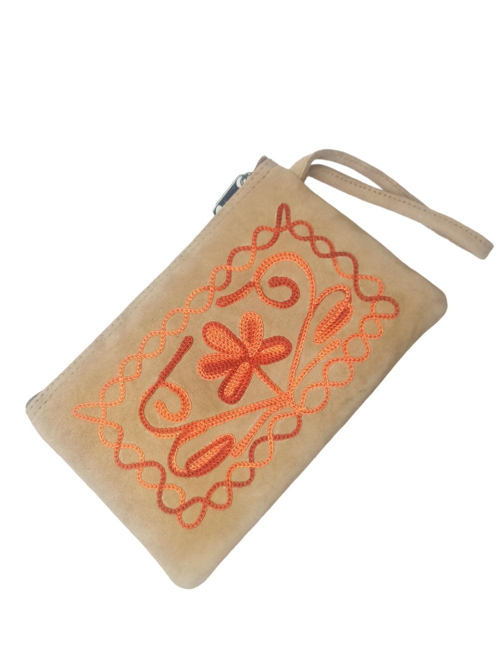 Suede Leather Purse Single Zip | Aari Hand Purch | 6"Zip Purse - ZANSKAR ARTS