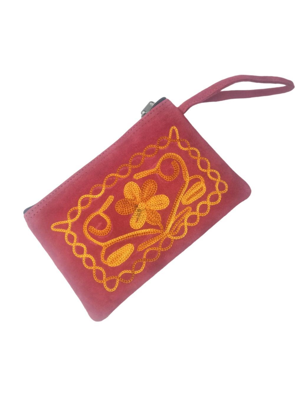 Suede Leather Purse Single Zip | Aari Hand Purch | 6"Zip Purse - ZANSKAR ARTS