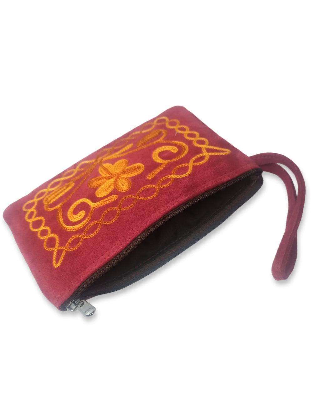 Suede Leather Purse Single Zip | Aari Hand Purch | 6"Zip Purse - ZANSKAR ARTS