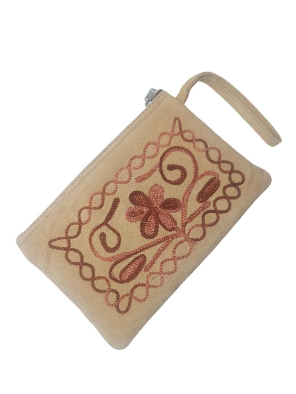 Suede Leather Purse Single Zip | Aari Hand Purch | 6"Zip Purse - ZANSKAR ARTS