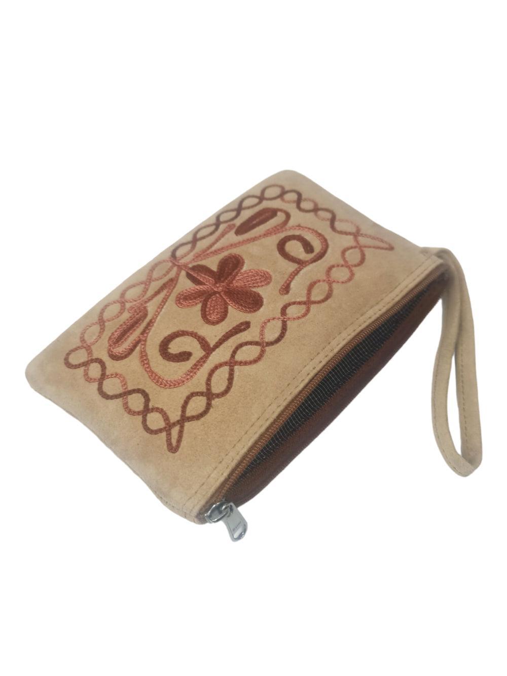 Suede Leather Purse Single Zip | Aari Hand Purch | 6"Zip Purse - ZANSKAR ARTS