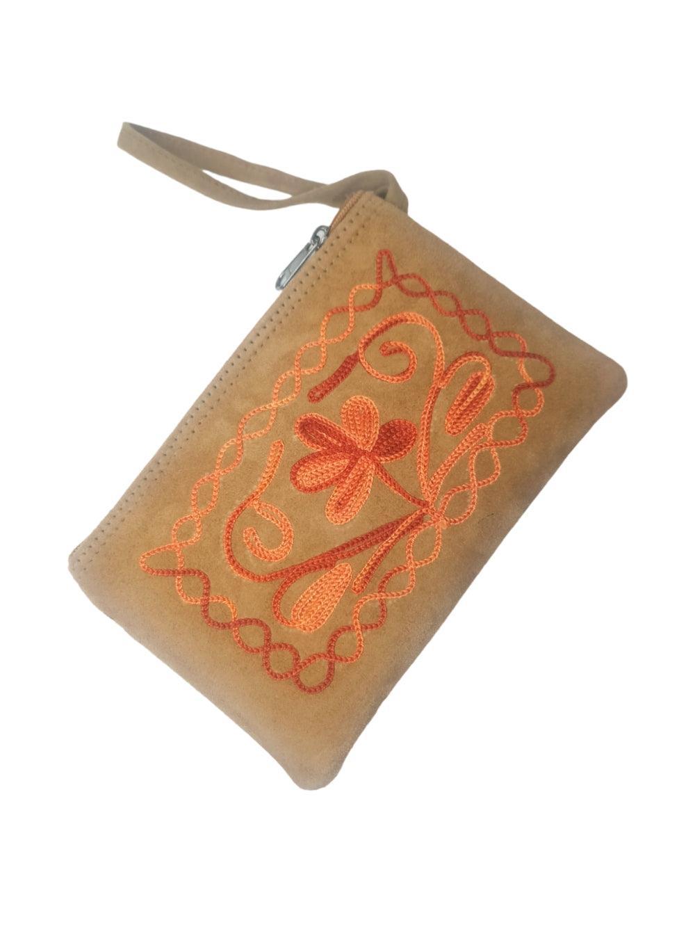 Suede Leather Purse Single Zip | Aari Hand Purch | 6"Zip Purse - ZANSKAR ARTS