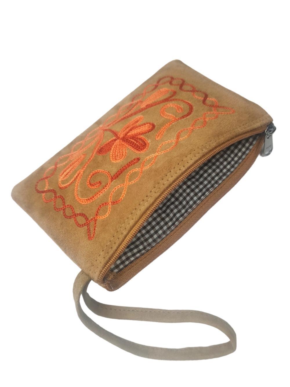 Suede Leather Purse Single Zip | Aari Hand Purch | 6"Zip Purse - ZANSKAR ARTS