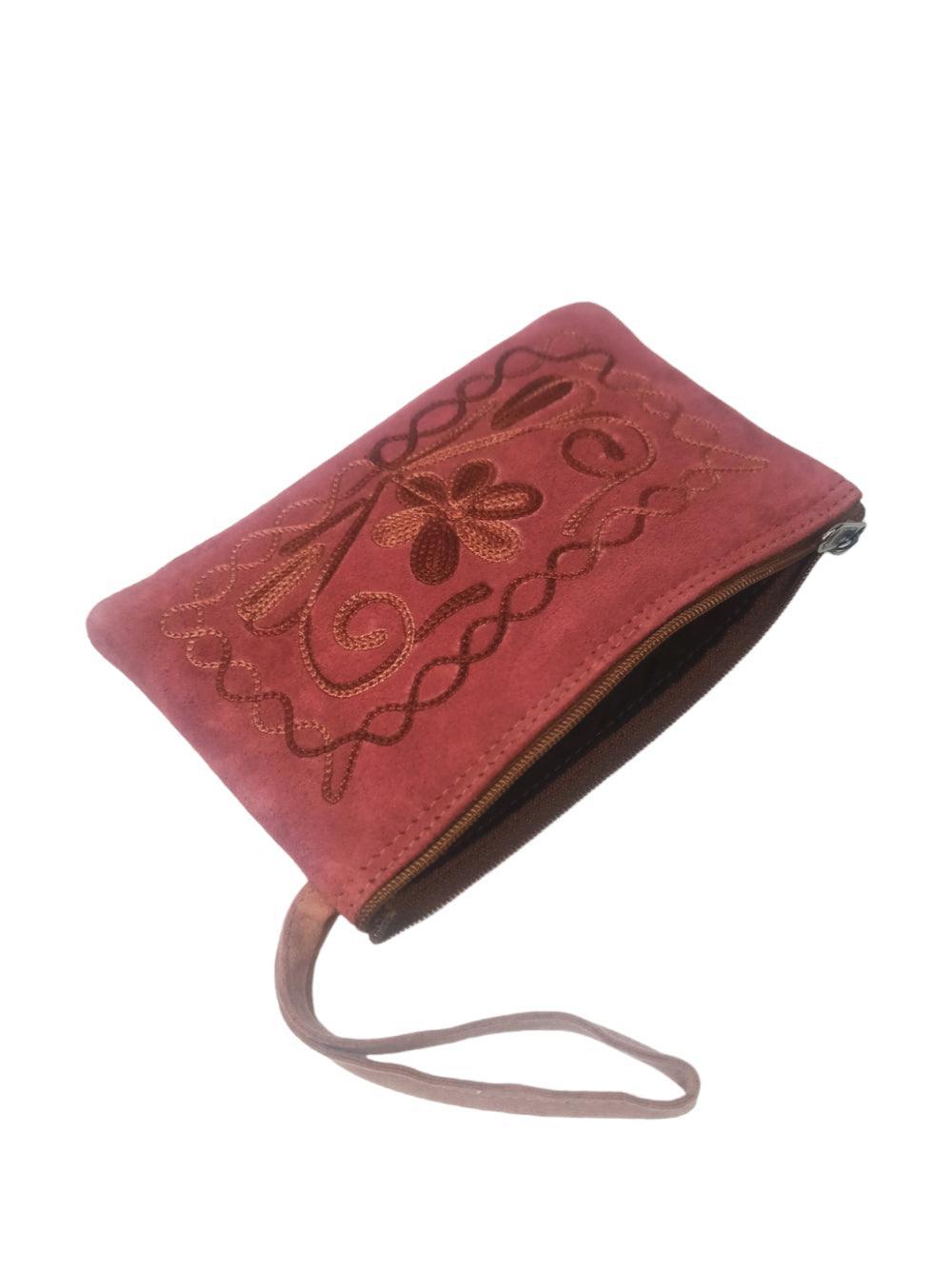 Suede Leather Purse Single Zip | Aari Hand Purch | 6"Zip Purse - ZANSKAR ARTS