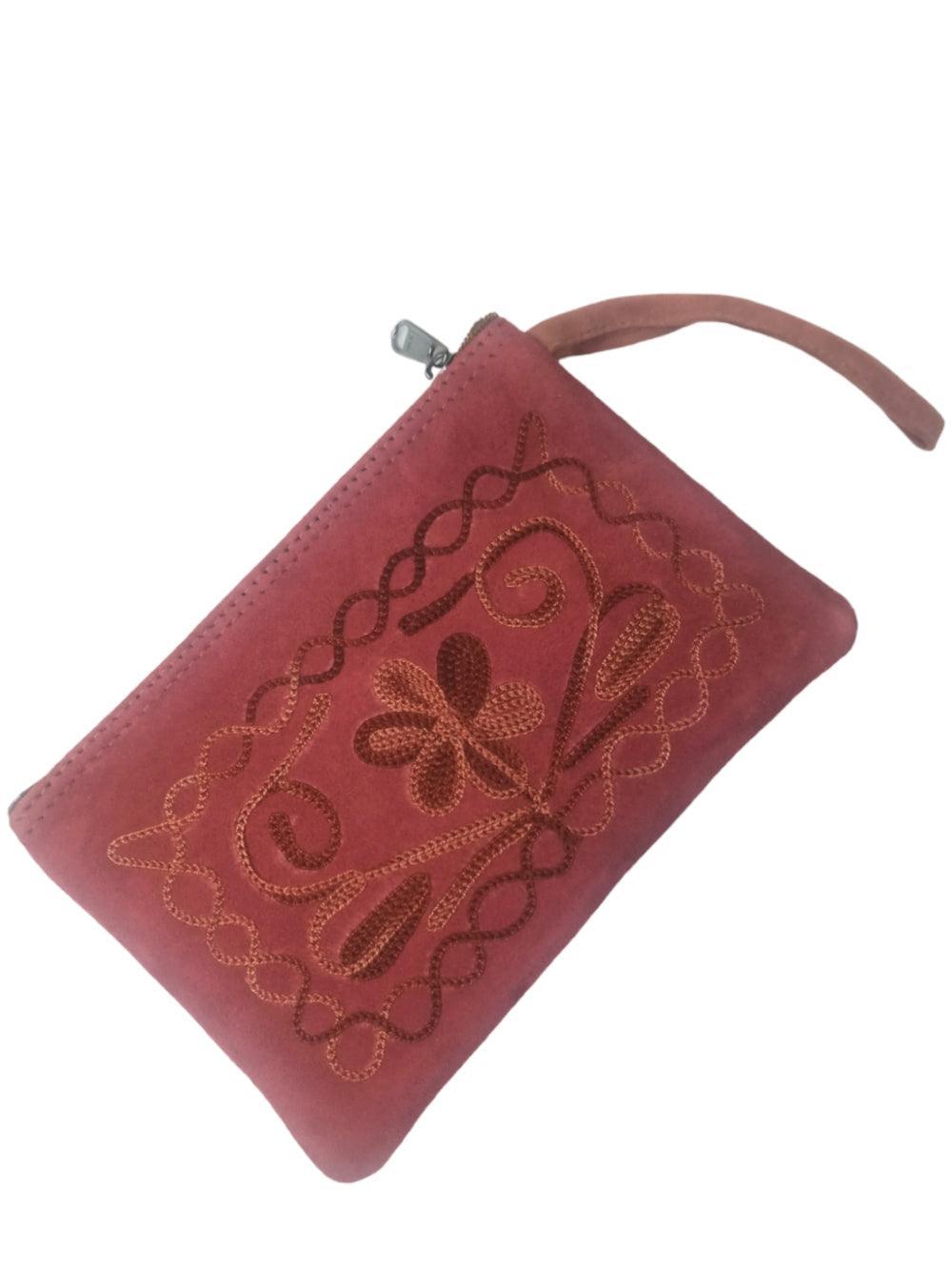 Suede Leather Purse Single Zip | Aari Hand Purch | 6"Zip Purse - ZANSKAR ARTS