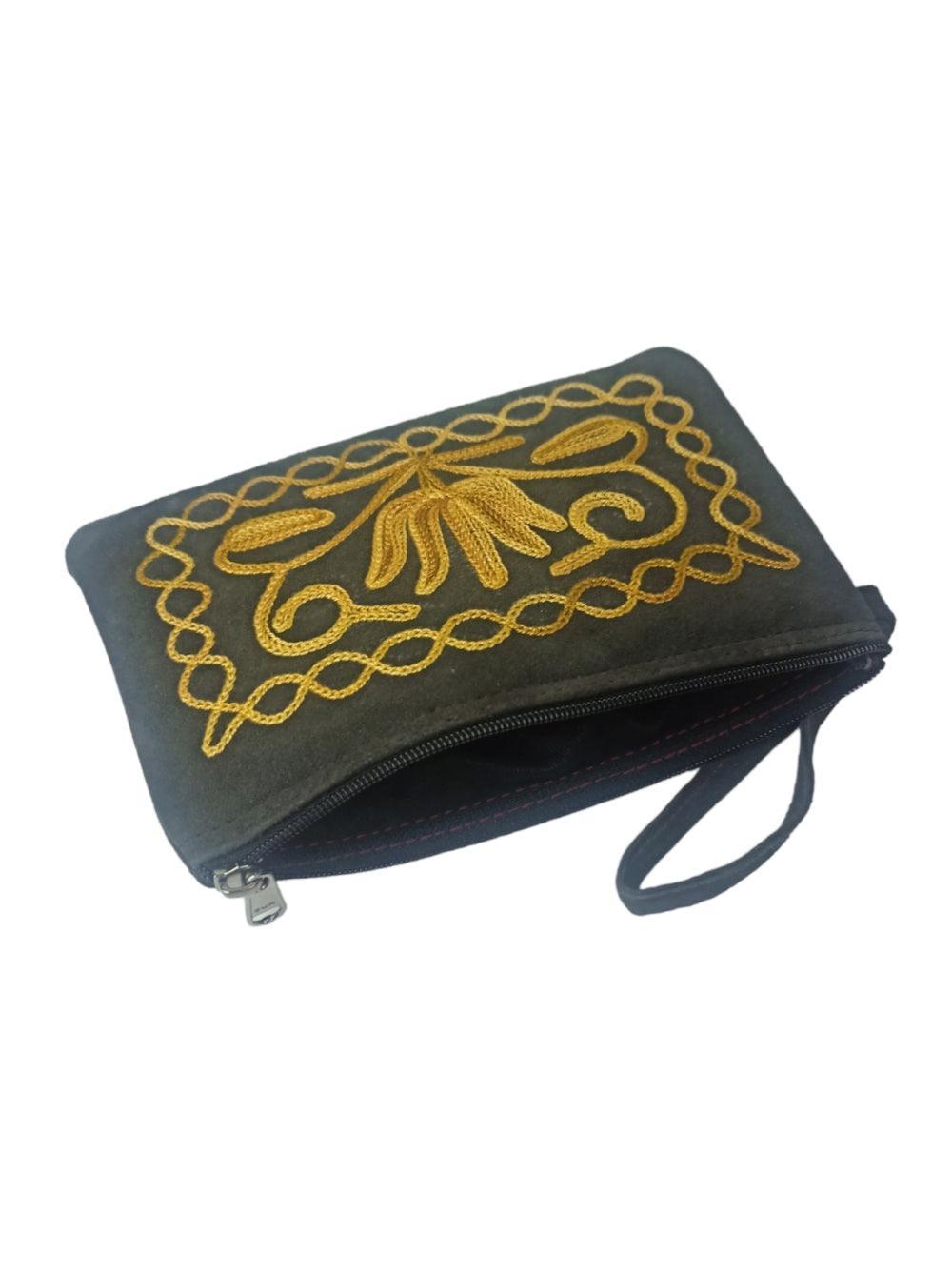 Suede Leather Purse Single Zip | Aari Hand Purch | 6"Zip Purse - ZANSKAR ARTS