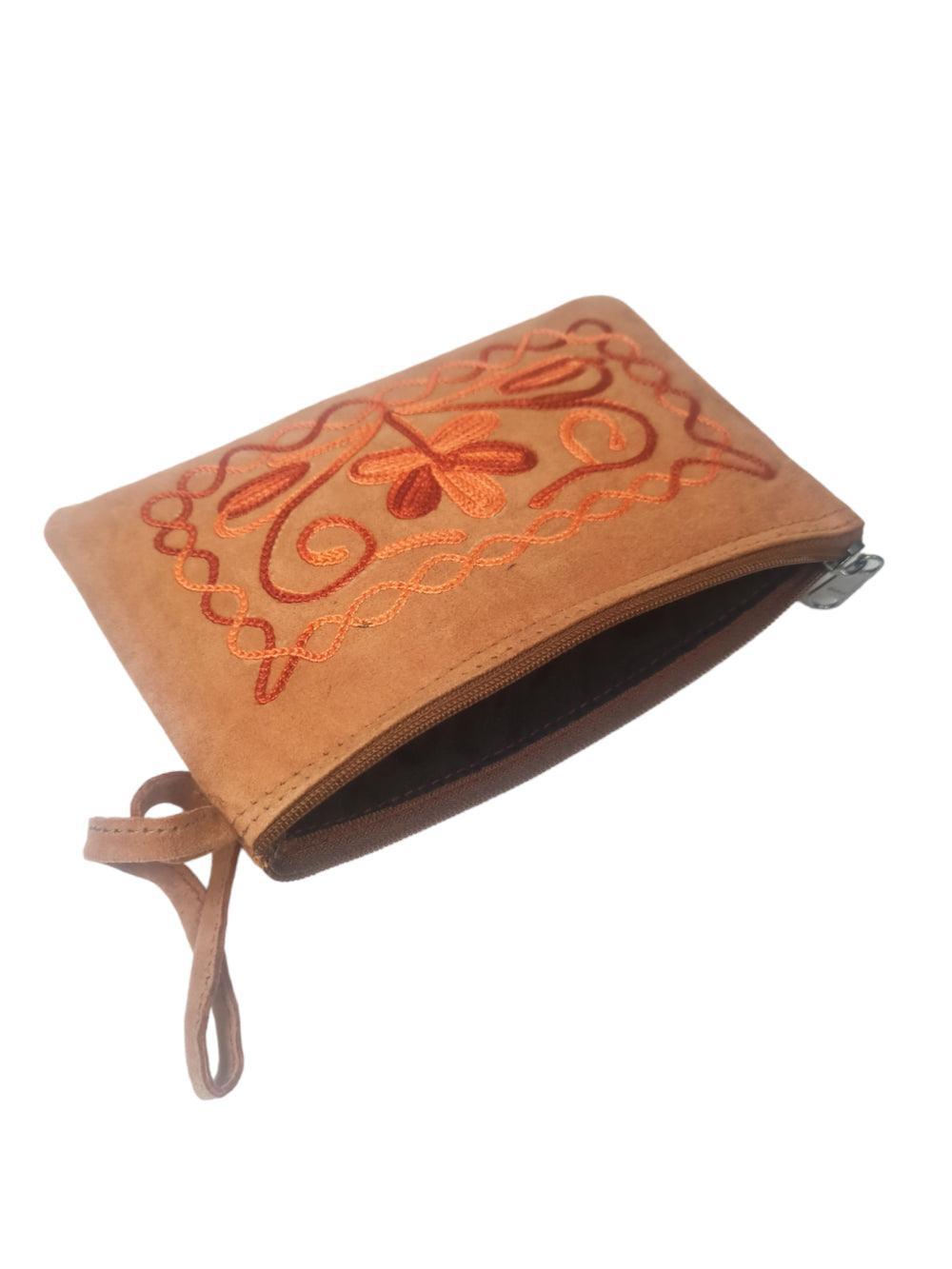 Suede Leather Purse Single Zip | Aari Hand Purch | 6"Zip Purse - ZANSKAR ARTS