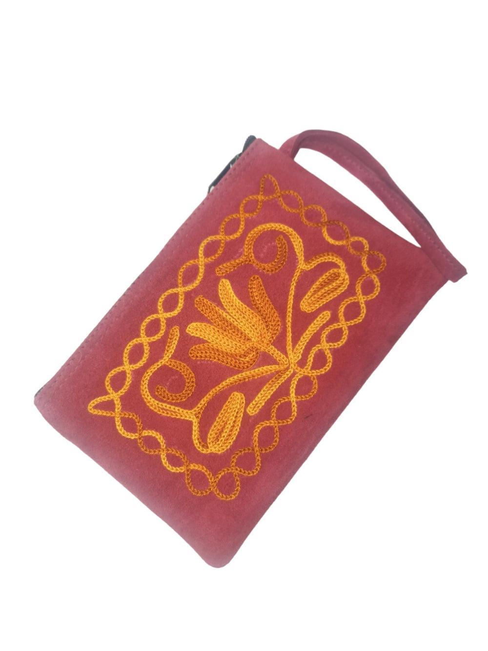 Suede Leather Purse Single Zip | Aari Hand Purch | 6"Zip Purse - ZANSKAR ARTS