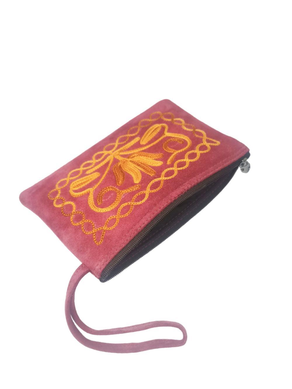 Suede Leather Purse Single Zip | Aari Hand Purch | 6"Zip Purse - ZANSKAR ARTS