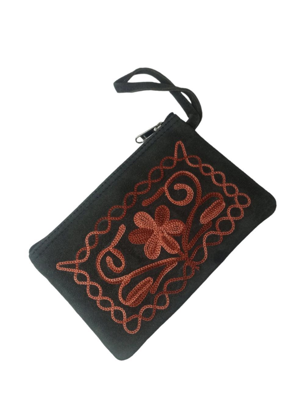 Suede Leather Purse Single Zip | Aari Hand Purch | 6"Zip Purse - ZANSKAR ARTS