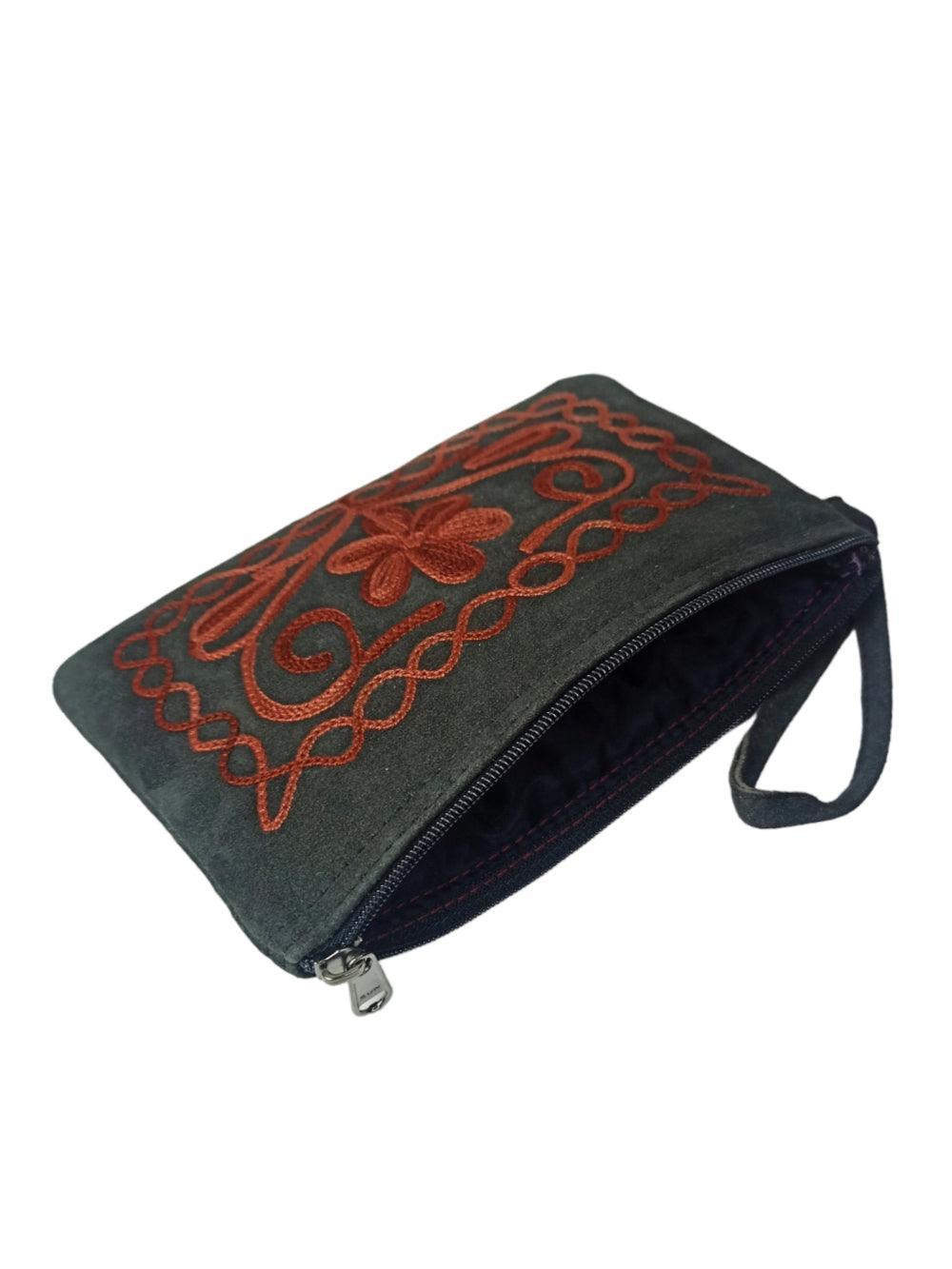 Suede Leather Purse Single Zip | Aari Hand Purch | 6"Zip Purse - ZANSKAR ARTS