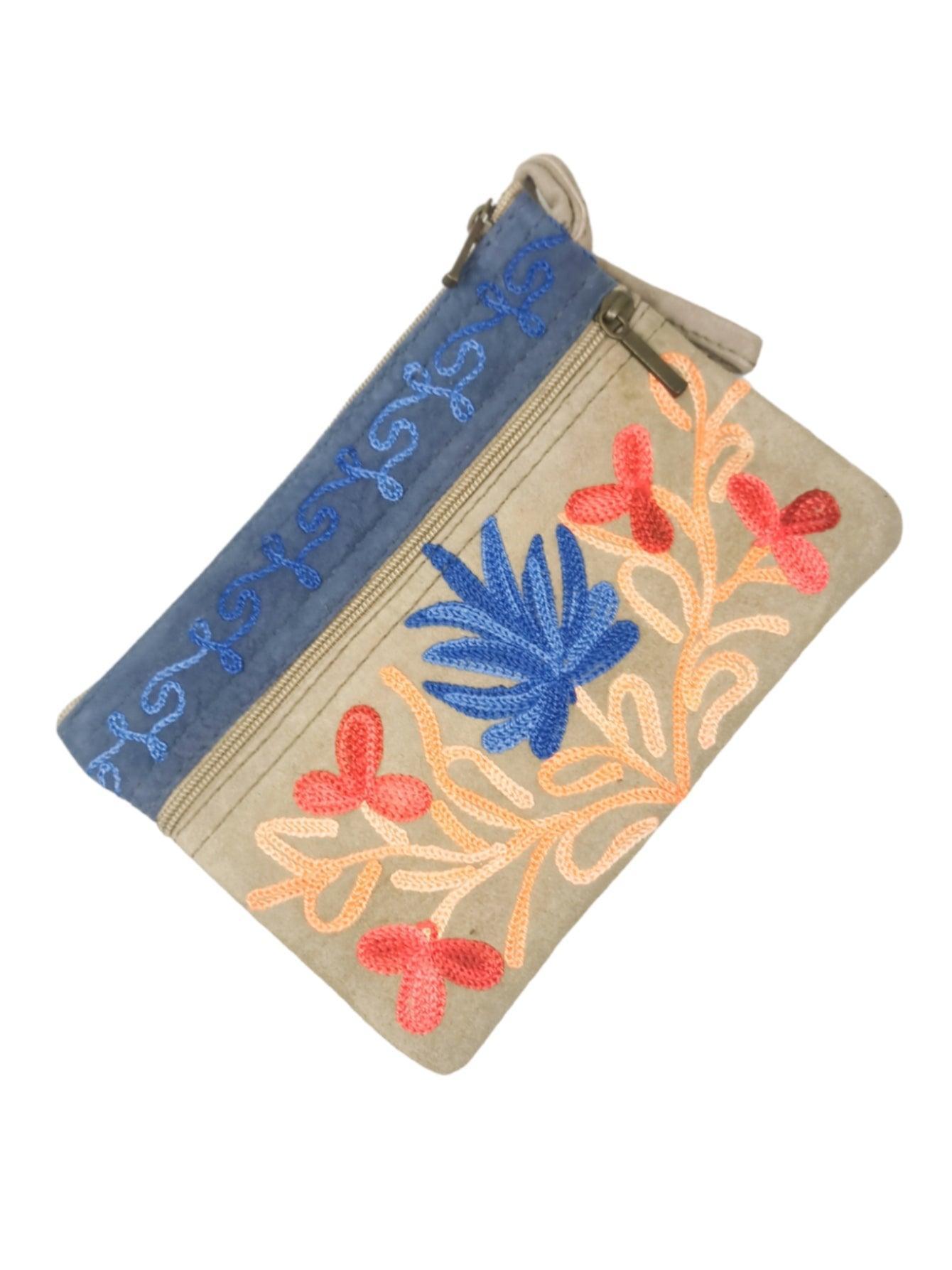 Suede Leather Purse | Aari Hand Purch | 6" 3 Zip Embroidered Purse - ZANSKAR ARTS