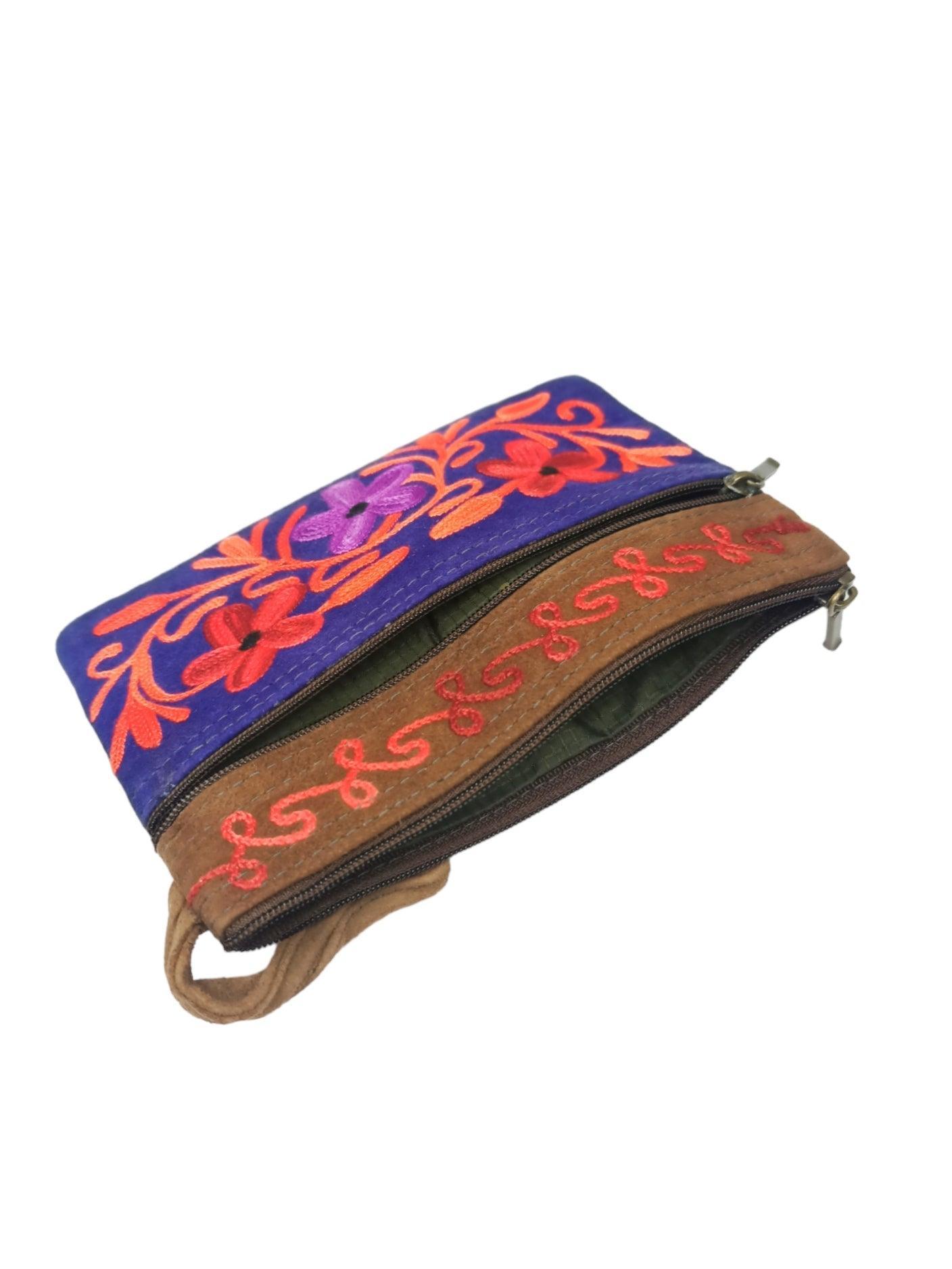 Suede Leather Purse | Aari Hand Purch | 6" 3 Zip Embroidered Purse - ZANSKAR ARTS